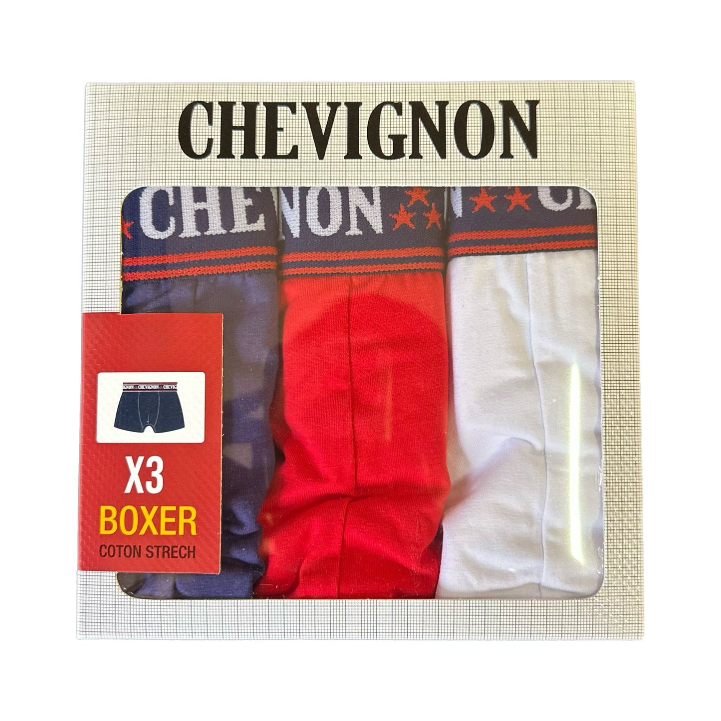Boxer homme Chevignon x3 – Coton stretch – Ceinture étoilée – Bleu, rouge, blanc