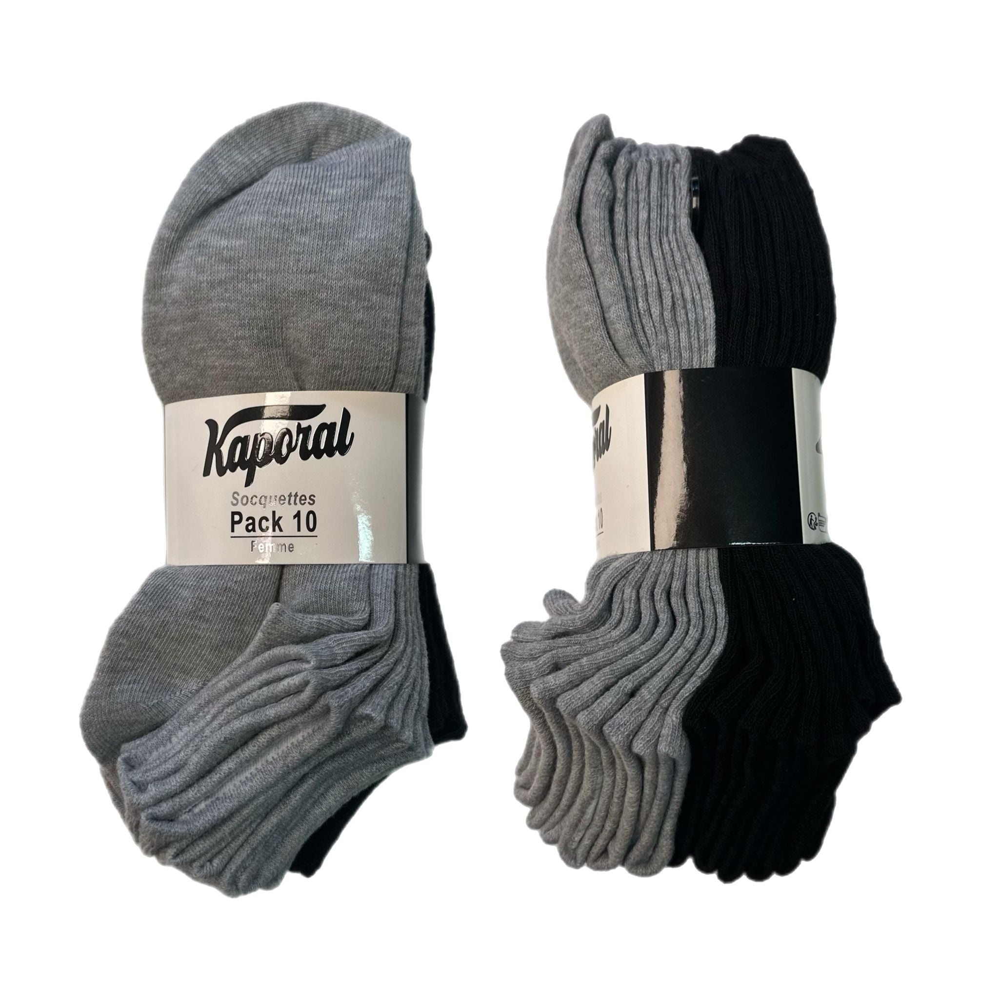 Socquettes femme Kaporal x10 – Pack coton doux – Noires ou mix gris & noir