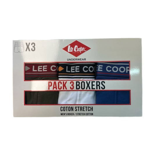 Boxer homme Lee Cooper x3 – Coton stretch – Ceinture logo – Kaki, blanc, bleu