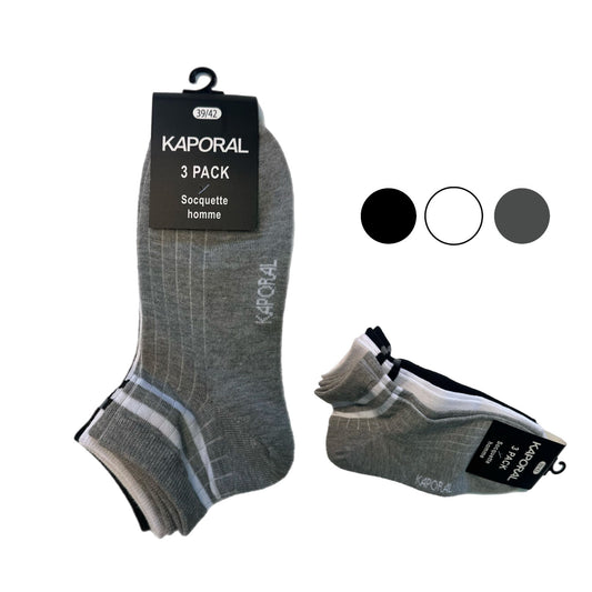 Socquettes homme Kaporal x3 – Coton stretch – Noir, blanc, gris – Taille 39/42